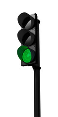 Traffic light with green color turned on isolated on white background. Mocap or source. 3D visualization