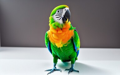 green and yellow parrot in white floor and white background created by Generative A.I