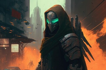 cyborg bounty hunter, pursuing the most dangerous and elusive targets across the city and beyond digital art poster AI generation.