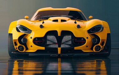 yellow generic exotic sports car in a dark studio background illustrated with generative AI