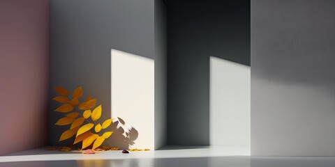 3D render, pastel minimalist surreal autumn room with yellow tree , copy space, stone, shadow, autumn foliage color palette