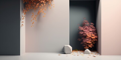 3D render, pastel minimalist surreal autumn room with tree , copy space, stone, shadow, autumn foliage color palette