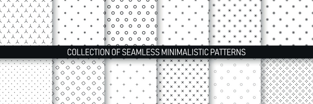 Collection of vector seamless minimalistic patterns. Modern stylish fabric prints. Endless black and white backgrounds