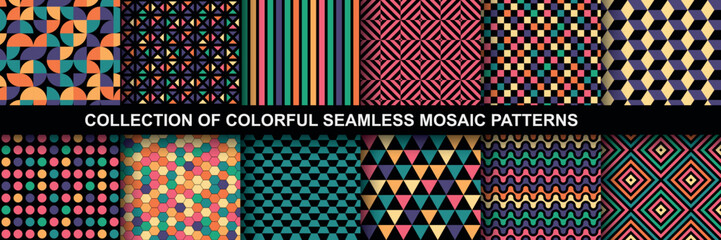 Collection of bright seamless colorful geometric patterns. Abstract unusual modern retro backgrounds. Mosaic tile endless textures.