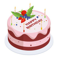 Isometric Happy birthday cake. Sweet pastry dessert with HB candles, tasty bakery chocolate or vanilla cake flat vector illustration