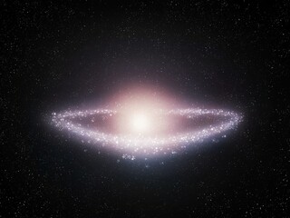 Elliptical galaxy with a bright core and a ring of stars. Distant objects in the universe. Formation of new stars.