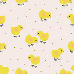 Seamless pattern with cute yellow chickens. For fabric design, wallpapers, backgrounds, wrapping paper and so on. Vector
