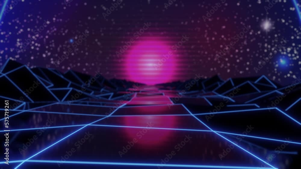 Poster synthwave animated background. 80s wireframe landscape. retro future perspective grid. retrowave sty