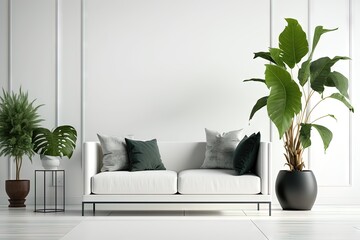 Salon moderne avec canapé et plante sur fond blanc. - obrazy, fototapety, plakaty