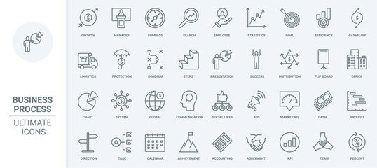 Naklejka na ściany i meble Business process thin line icons set vector illustration. Outline activity of office employees for project growth, target management and marketing system, statistics charts research and career ladder