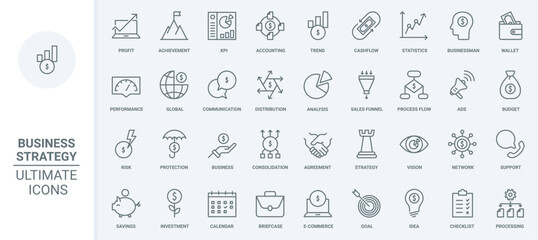 Obraz na płótnie Canvas Business strategy thin line icons set vector illustration. Outline budget distribution and commerce support, vision and analysis of trends and KPI, marketing sales funnel and investment protection