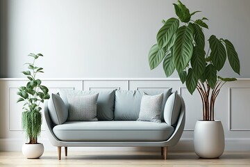 Salon moderne avec canapé et plante sur fond blanc.