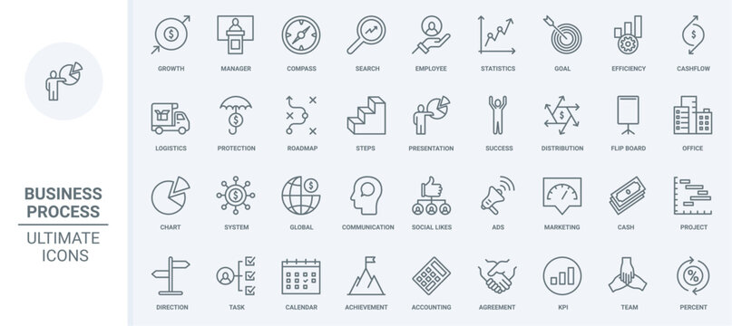 Business process thin line icons set vector illustration. Outline activity of office employees for project growth, target management and marketing system, statistics charts research and career ladder