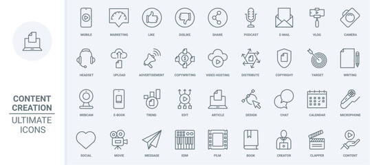 Naklejka na ściany i meble Content creation thin line icons set vector illustration. Outline copyright and marketing in social media, blog trends podcast to share, write and edit articles in computer or mobile phone, hosting