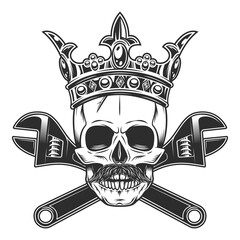 King skull with mustache in crown with construction wrench for gas and builder plumbing pipe or body shop mechanic spanner repair tool in monochrome style isolated vintage vector illustration