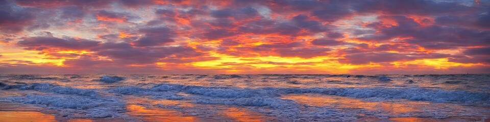 Fototapeta premium Sandy deserted beach with ocean waves on the shore. Skies and water meet on the horizon by generative AI