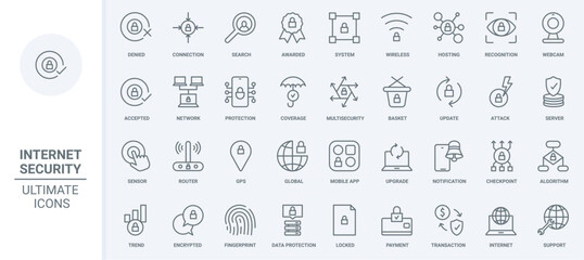 Naklejka na ściany i meble Online security thin line icons set vector illustration. Outline cybersecurity system and hosting on server, data update and protection with shield, accepted secure wireless connection and global GPS
