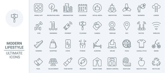 Modern lifestyle thin line icons set vector illustration. Outline symbols for fitness and yoga calendar, social media and vlog mobile apps, shopping and payment with credit card, wireless router