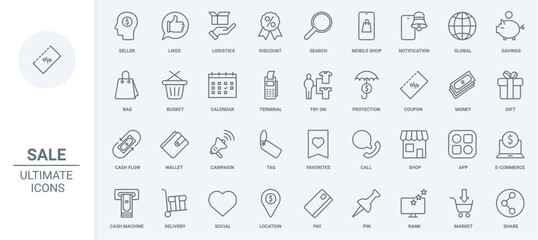 Store sales, ecommerce thin line icons set vector illustration. Outline marketing campaign with megaphone and planning with calendar, protection of money savings and shop mobile app notification