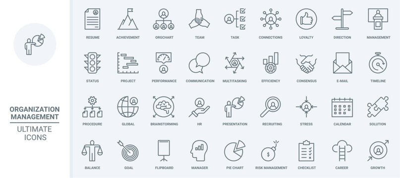 Business management, human resource organization thin line icons set vector illustration. Outline direction and efficiency of multitasking communication, recruiting and resume search, achievement