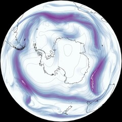 El mapa de la Antártida muestra la circulación de los vientos en la troposfera, con flechas que indican la dirección y la velocidad del flujo del viento.