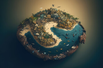 Fototapeta premium Trash Island: aerial view of an island made entirely of garbage and waste, highlighting the scale of the world's waste problem AI generation.