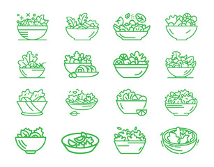 Salad icons set. Simple, flat, green, outline. Healthy foods. for your website or app. eps10