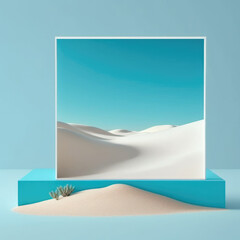 white sand dunes and a deep blue ocean podium, empty showcase for packaging product presentation. AI generation.