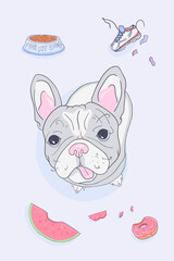 French bulldog. Cute dog. Hand drawn illustration cartoon character funny dog. Puppy. Vector illustration. Print, design for fabric, textile, card.