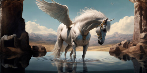 Pegasus quenches his thirst at the fountain of Hippocrene