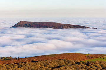 Mountain top rising above a sea of fog at dusk (Skirrid Fawr)