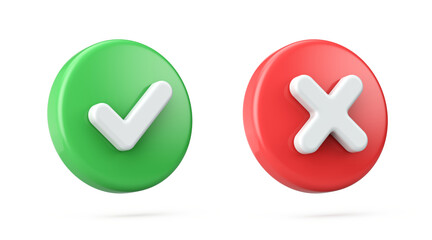 Right and wrong, acceptance and rejection concept. Round icons buttons with a check mark and cross. 3d rendering © Sashkin