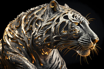Golden statue of a tiger on black background