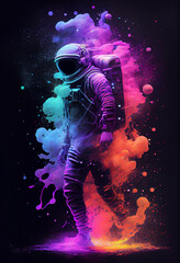 Obraz na płótnie Canvas Astronaut in colorful powder celebrating Holi. Indian festival of colors. Vibrant Psychedelic Poster. Generative Ai.