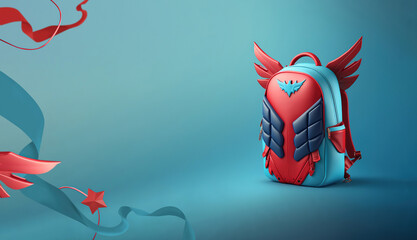 cool generic superhero style kids leather boys backpack with decorative wings in red and blue colors isolated on clean background banner with copy space area - Generative AI