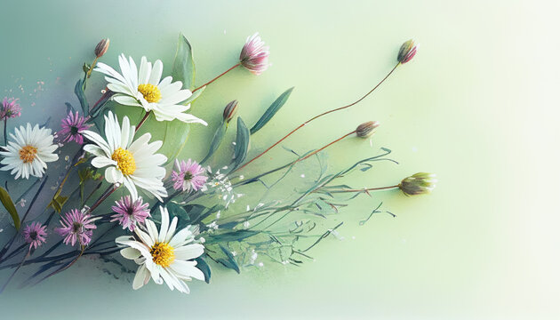 Spring bouquet of flowers of white chamomile or daisies on a green background. Floral background for greeting card, invitation for Easter holiday, women's day, mothers day. Generative ai illustration