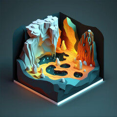 cave of wonders and a river of light, isometric low poly view AI generation.
