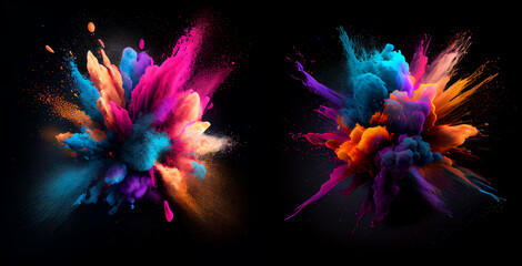 Set of Colored powder explosion on a black background. Abstract closeup dust on backdrop. Colorful explode. Paint holi. Generative Ai.