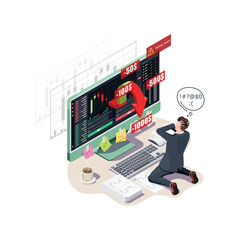 Businessmen kneeling in depression, financial market crash, falling stock price. Vector isometric illustration