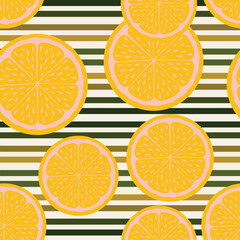 Slices of orange. Round lemon slices create a fruity seamless pattern with a striped green background for modern textile. Summer vibes. Vector.
