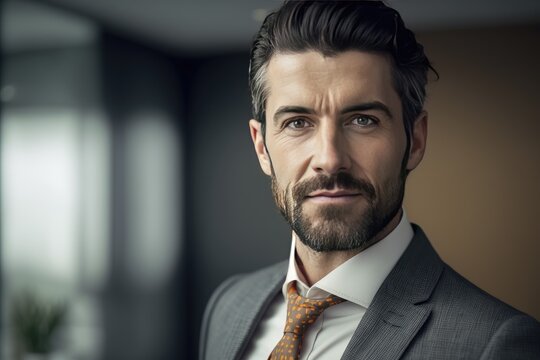 Portrait of handsome businessman in suit in office, AI generated	