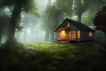 Lonely residential one-storey building in quiet place. Wooden house in forest. Generative AI.