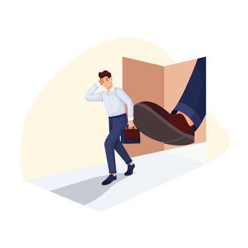 Boss foot kicking employee out door vector illustration. Cartoon leg of angry employer firing useless manager due to work failure, end of office career, unemployment and dismissal of unhappy man