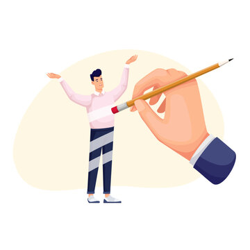 Boss hand using eraser to erase sad employee vector illustration. Cartoon employer holding yellow pencil with rubber eraser to delete and dismiss tiny man, fired businessman lost job in office