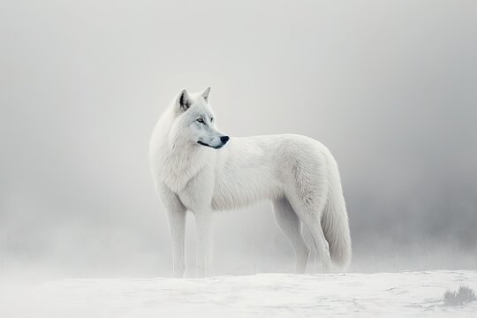 A beautiful wolf with white clean snowy background, generative ai image creation