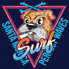 Cute Bulldog college athletic department grunge vector print for t shirt sport wear Santa Monica Surf Perfect Waves