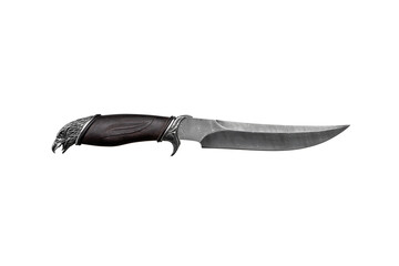 Damascus steel hunting knife. Decorative handle made of wood and metal in the form of an eagle's...