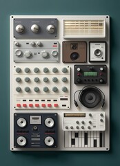 Top view of analog and digital equipments of DJ set. Concept of creative music. Minimalistic, flat lay, overhead view, copy space. Generative AI.
