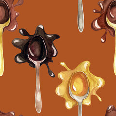 Seamless pattern with different types of chocolate, melted chocolate in a spoon. White, dark and milk chocolate. Watercolor illustration.