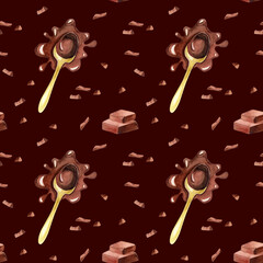 Seamless pattern with chocolate, tile pieces, chocolate chips, melted chocolate in a spoon.  Watercolor illustration.